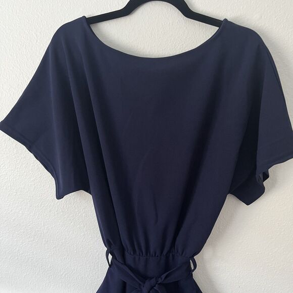 Womens Navy Jumpsuit Short Sleeve Belted Long Pants Back Keyhole Romper Small - Picture 5 of 6